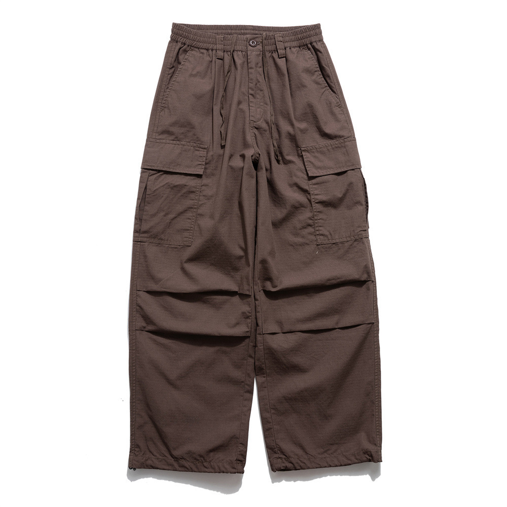 American Style Functional Cargo Casual Pants Men INS Street Fashion Solid Color Pleated Drawstring Jogger Loose Wide Leg Long Pants