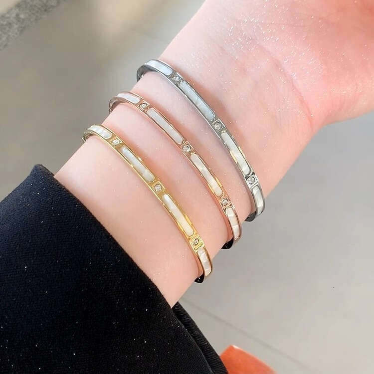 White Mother-of-Pearl Bamboo-Knot Bracelet Titanium Steel Premium Minimalist Round Shell-Inspired Bracelet Women's Fashion Jewelry