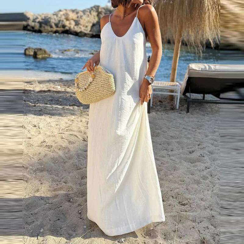 Stylish Leisure Backless Sleeveless Long Sling Dresses Summer Holiday Solid Color Beach Women Casual Simple Camisole Dress ddmythur