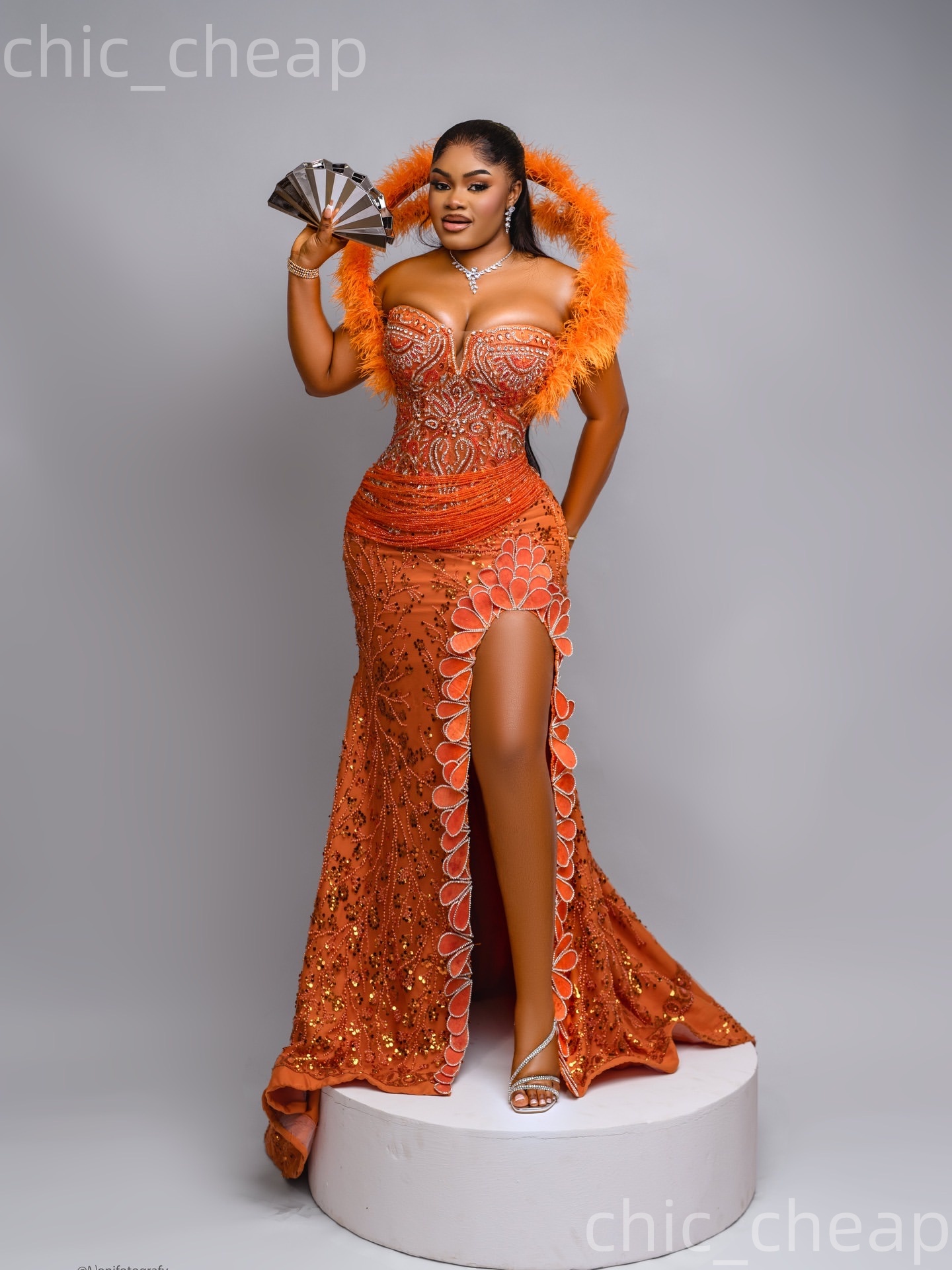 Aso Ebi Orange Mermaid Prom Dresses 2026 Crystals Beaded Feather Florals Evening Formal Party Second Birthday Engagement Gowns Dress For Special Occas