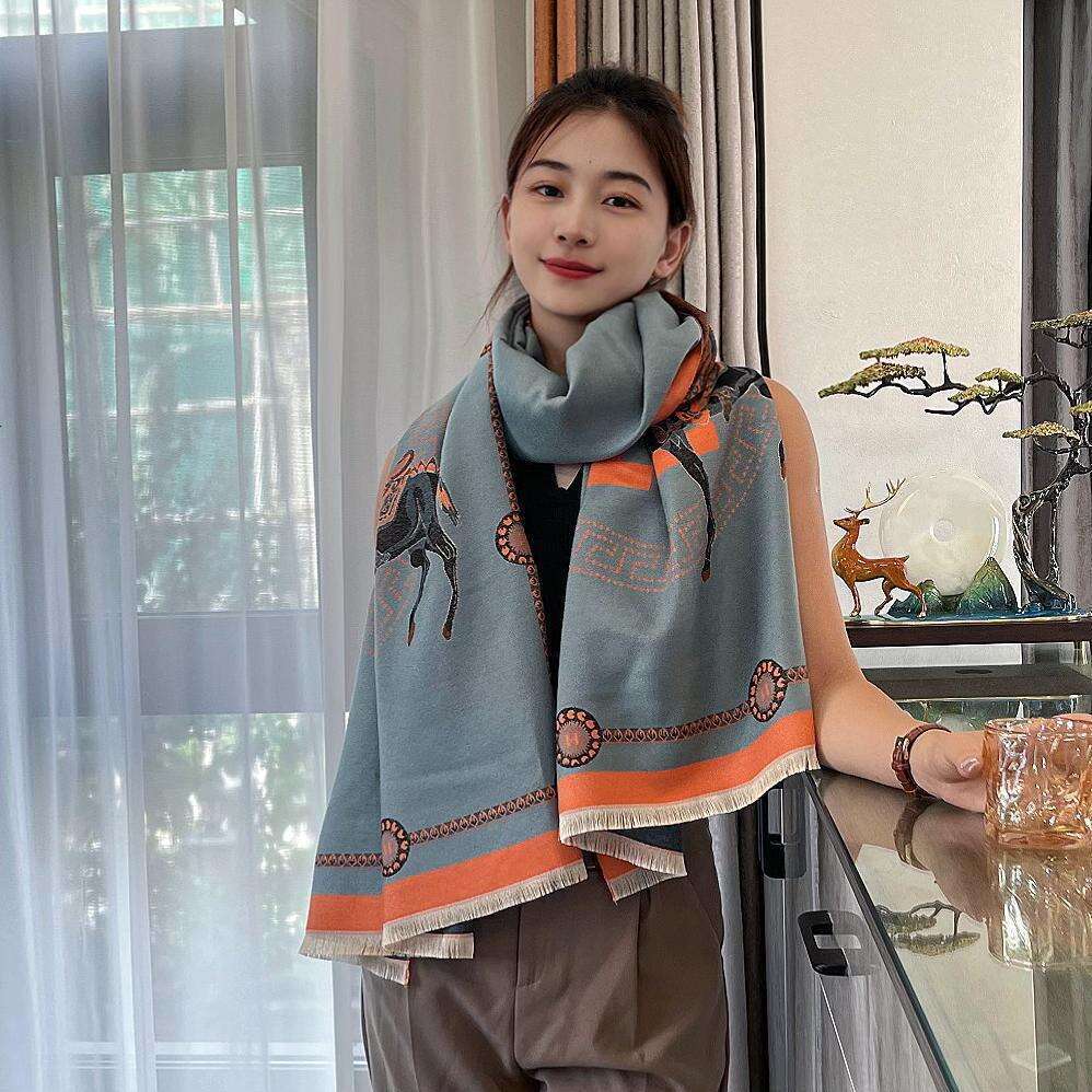 Classic Color New H Cashmere Designer for Women Winter Warm Long Thickened Carriage Scarf Shawl Dual-use