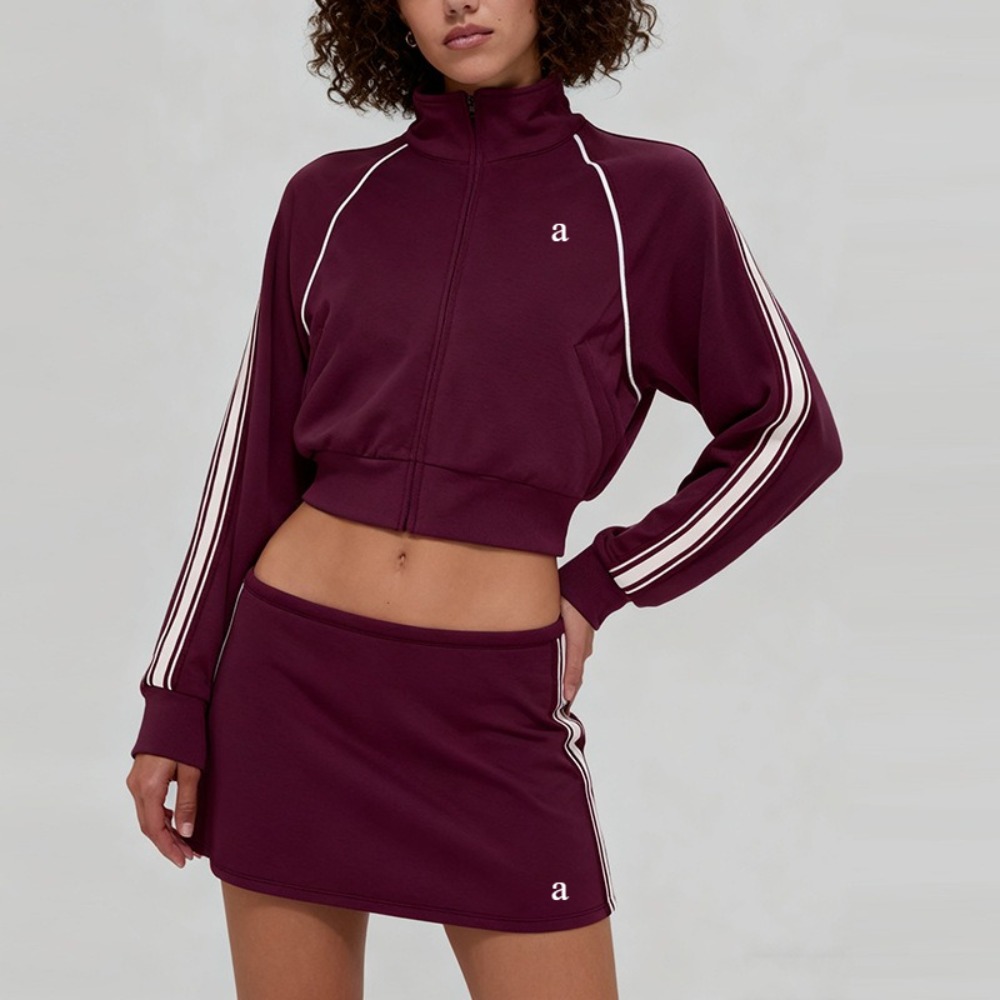 Women's Yoga Two Piece Suit Cropped Zip-Up Track Jacket and Mini Skirt Set Retro Striped Athletic Suit Striped Activewear