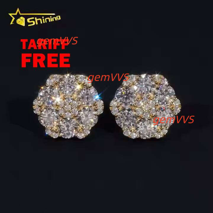 Fine Jewelry Big Luxury Cluster Flower Hip Hop 925 Sterling Silver Moissanite Stud Earrings