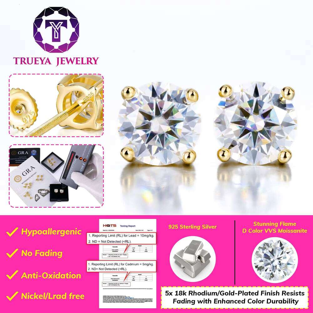 In Stock Wholesale Bulk Women Fine Jewelry Stud Earrings Sterling Silver 925 Gold Plated Mossanite Moissanite Diamond 0.1Ct-4Ct