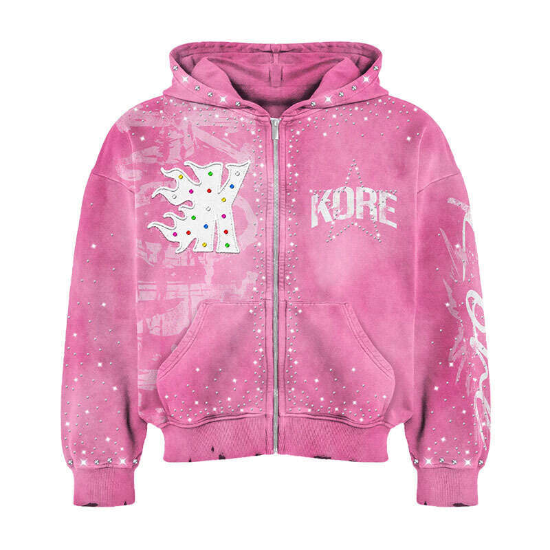 Autumn Winter Season Unisex Fashion Set Street Style Rhinestone Zipper Hoodie Drawstring Pants European And American