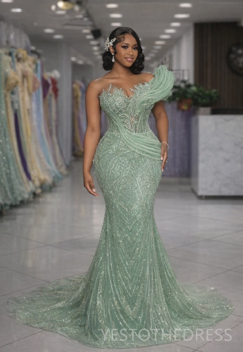 Mermaid Aso Ebi Mint Prom Dress 2026 Evening Dresses Formal Gowns Illusion Sheer Neck Beaded Lace Pearls Crystals Birthday Dress Second Reception Gown