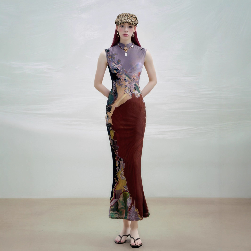 Designer's New Chinese Style Front And Back Two-piece Contrasting Printed Cheongsam Dress Retro Style Cheongsam Women's High-end Dress