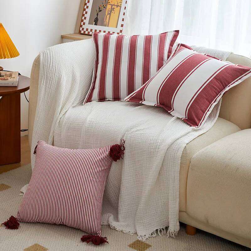 Classical Striped Cushion 45x45cm Hawthorn Red Ivory Recycle Polyester Fabric Pillow Cover Indoor Outdoor Home Decoration