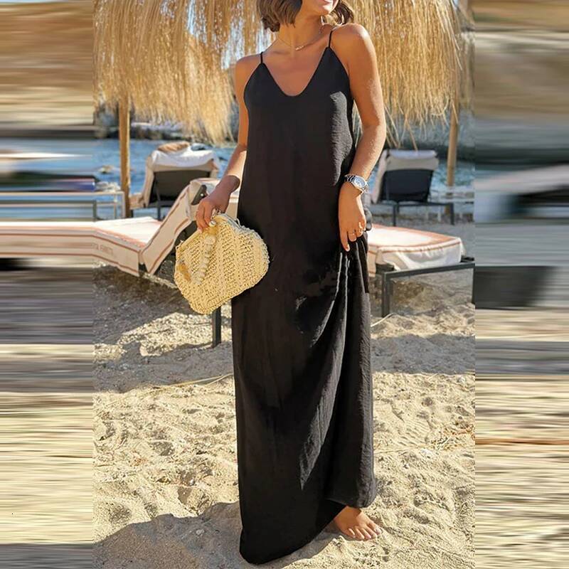 Stylish Leisure Backless Sleeveless Long Sling Dresses Summer Holiday Solid Color Beach Women Casual Simple Camisole Dress ddmythur