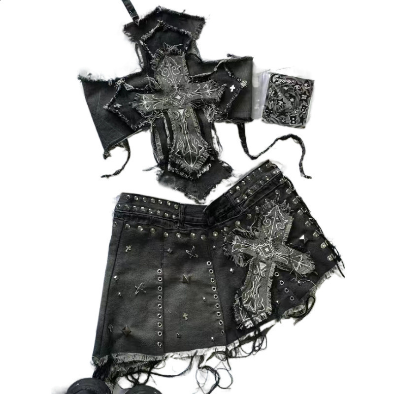 American Fashion Cross Embroidery Patch Short Suit Female Y2K Harajuku Style Sexy Spice Slim Denim Skirt Streetwear 250320