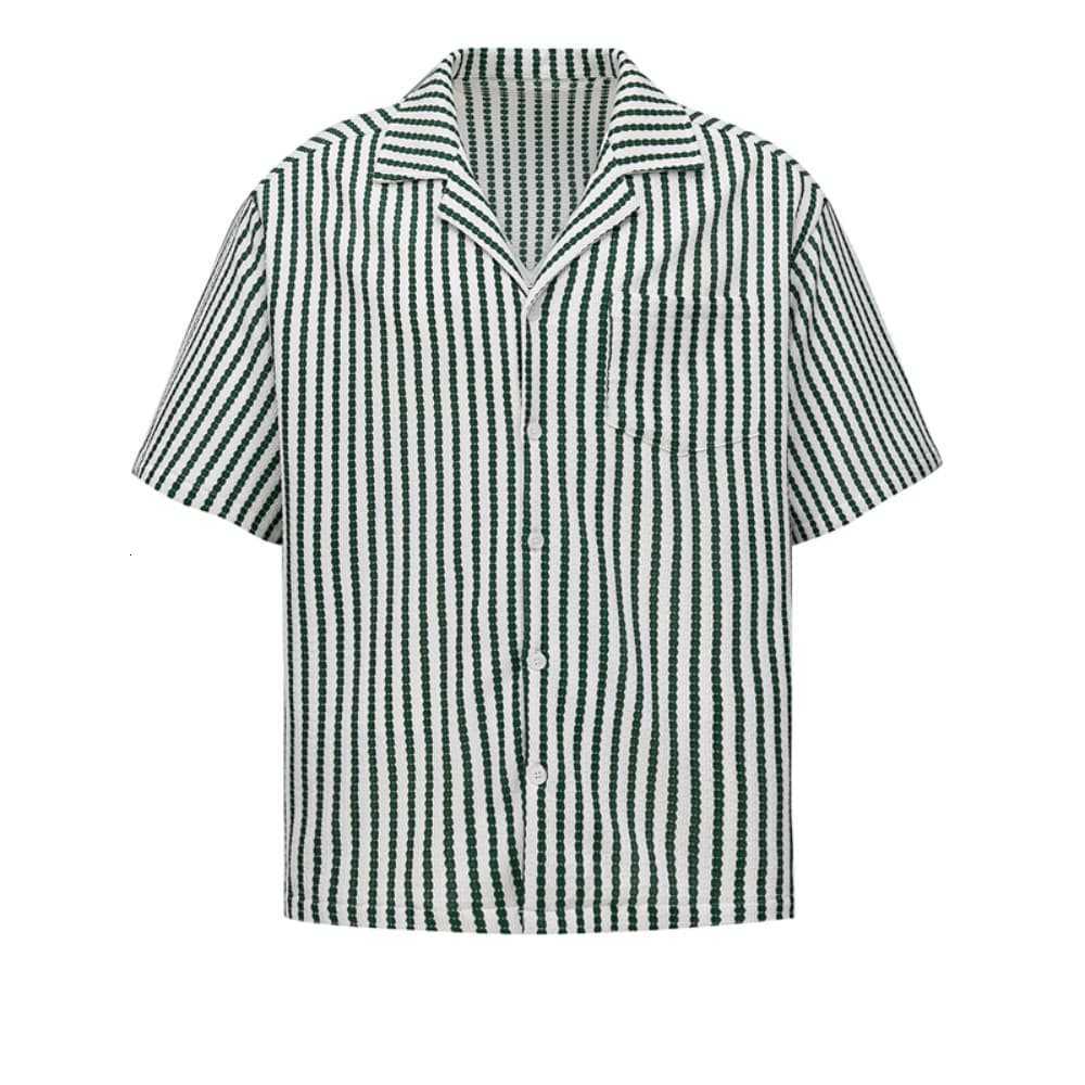 Vertical Striped Casual Shirt Summer Mens Trendy Loose Cuban Collar Short Sleeve Top Turn-down Collar Shirt