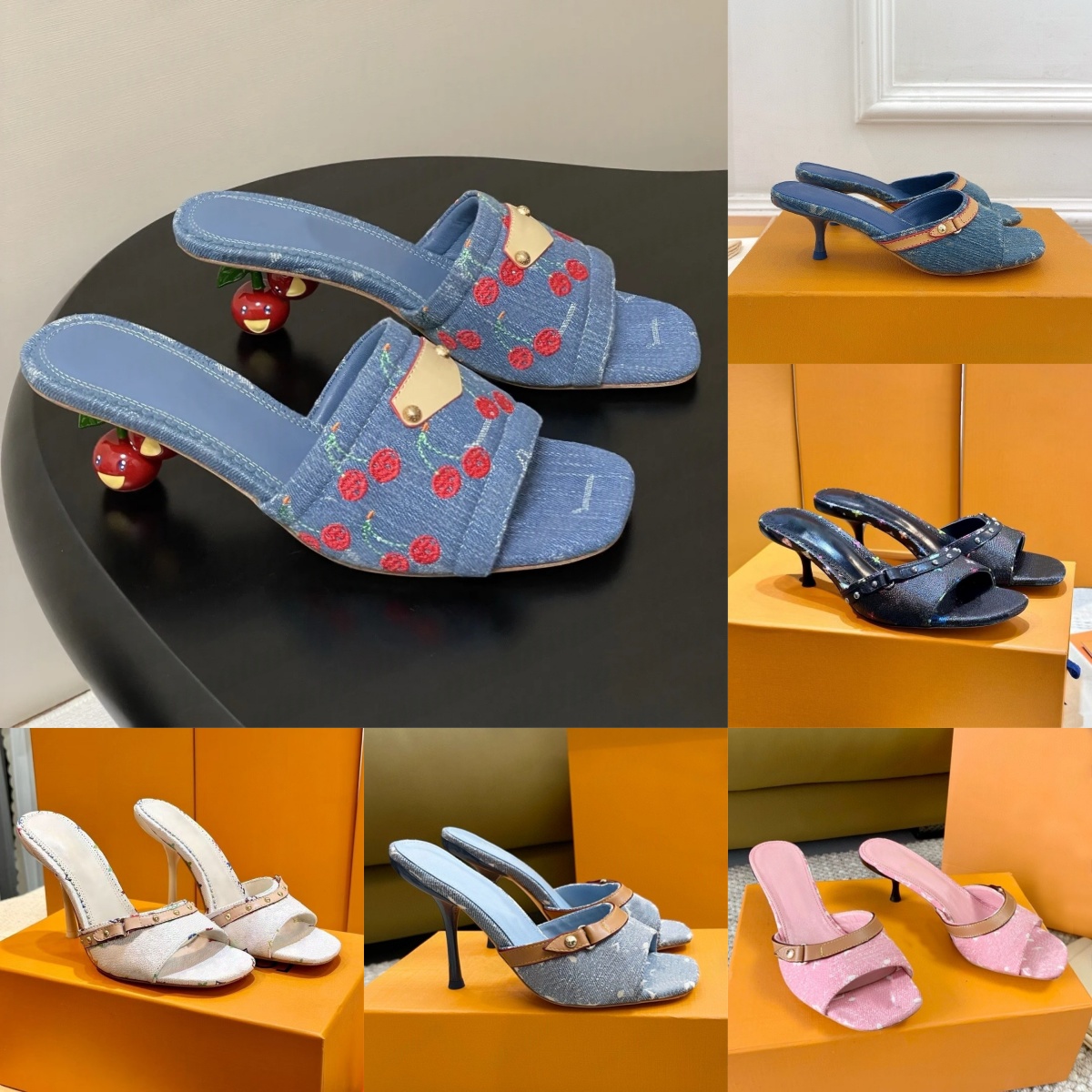 Neo Revival Mules denim blue Heel Designer Sandals Womens Slippers Luxury Heels Ladies White Black Brown Ebony Classics Slides Leather Women Sandals