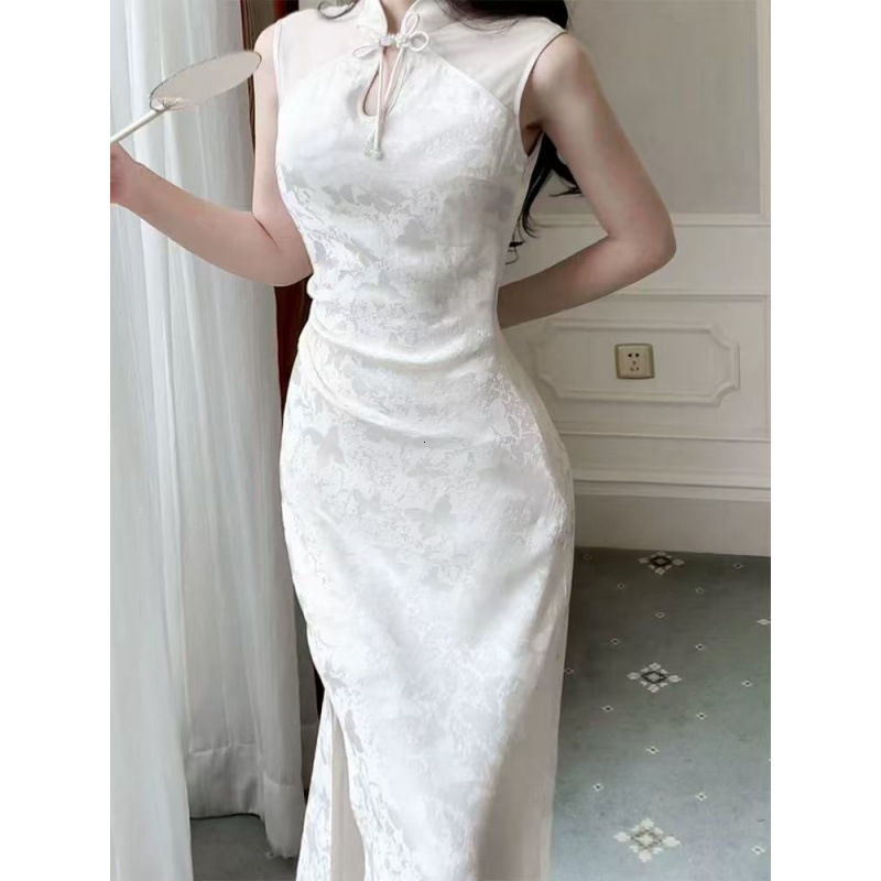 Designer's New Chinese Style Improved Cheongsam Acetate Satin Dress With Advanced Sensation And Queen's Style Split Long Dress For Summer 20