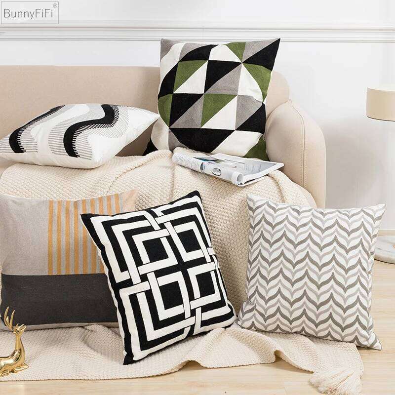 Home Decor Black Grey Cushion 45x45cm Geometric Embroidery Pillow Cover Soft Cozy for living Bed Room