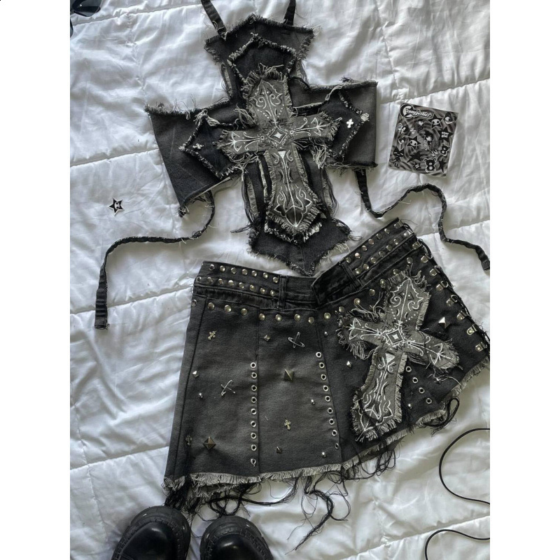 American Fashion Cross Embroidery Patch Short Suit Female Y2K Harajuku Style Sexy Spice Slim Denim Skirt Streetwear 250320