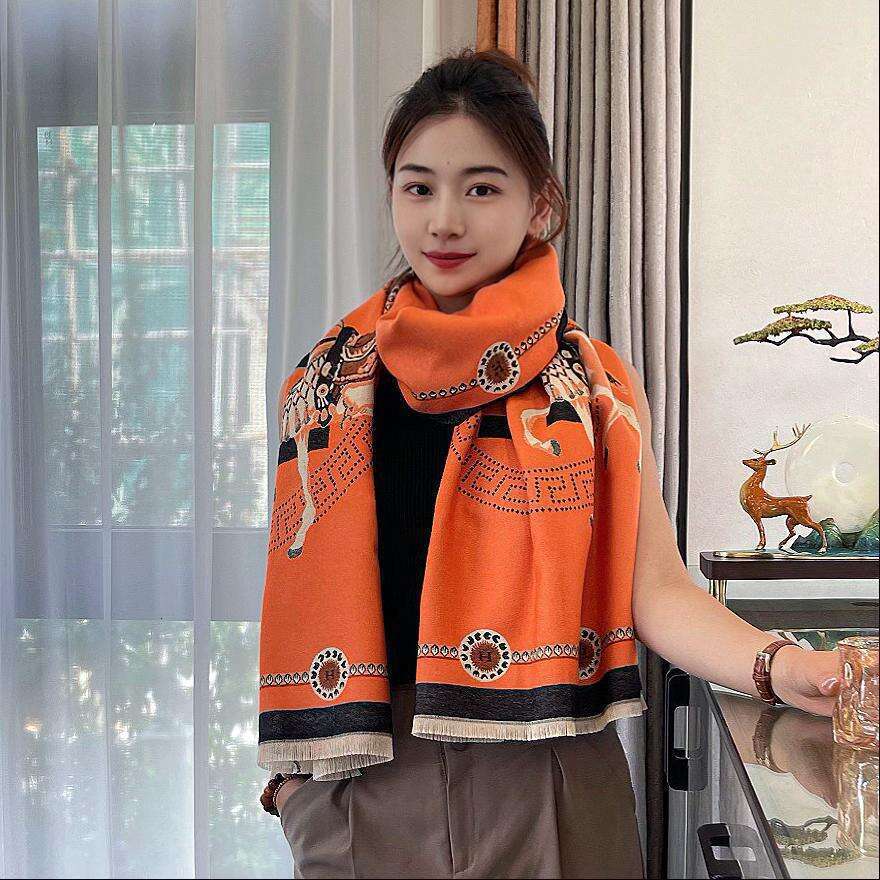 Classic Color New H Cashmere Designer for Women Winter Warm Long Thickened Carriage Scarf Shawl Dual-use