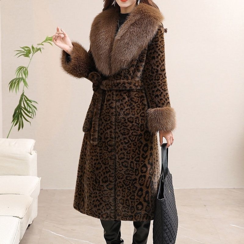 DEAT Fashion Womens Mink Coat Womens Fur Collar Loose Buckle Panther Plush Coat Winter Edition 241202