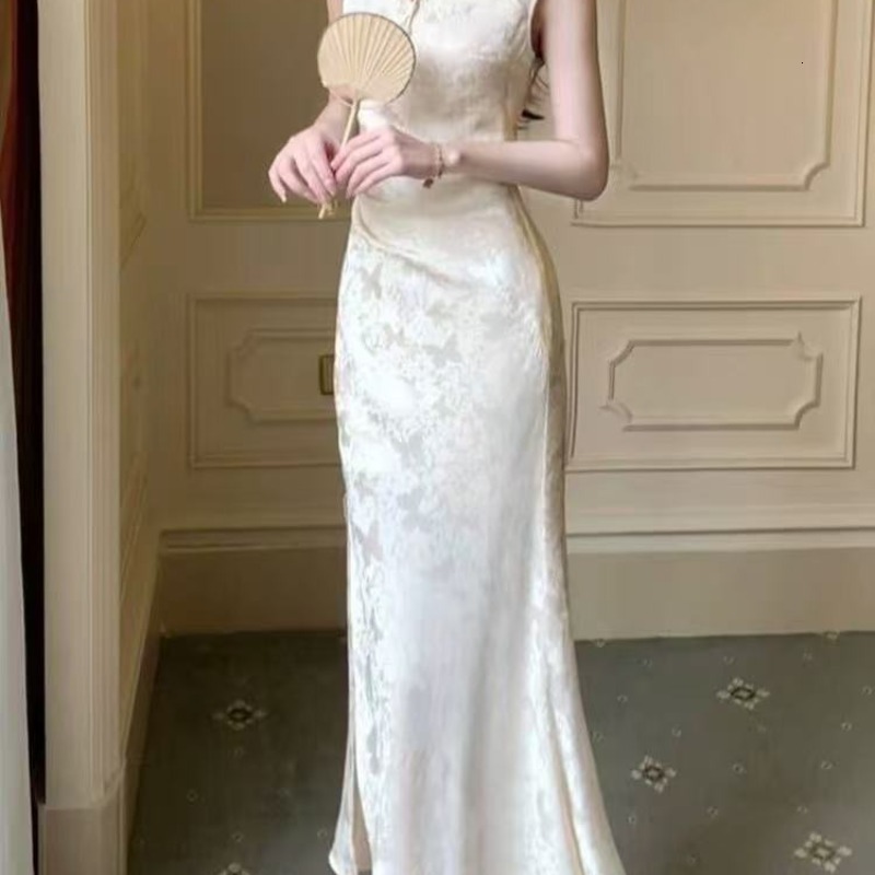 Designer's New Chinese Style Improved Cheongsam Acetate Satin Dress With Advanced Sensation And Queen's Style Split Long Dress For Summer 20