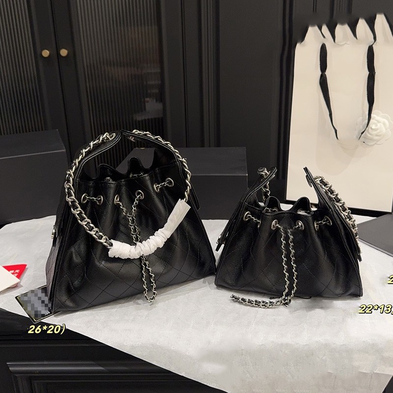 25C Black Caviar CalfSkin Leather Drawstring Bucket Bag Silver Metal Hardware Matelasse Chain Crossbody Shoulder Handbags Outdoor Sacoche Plaid Purse 22/26cm