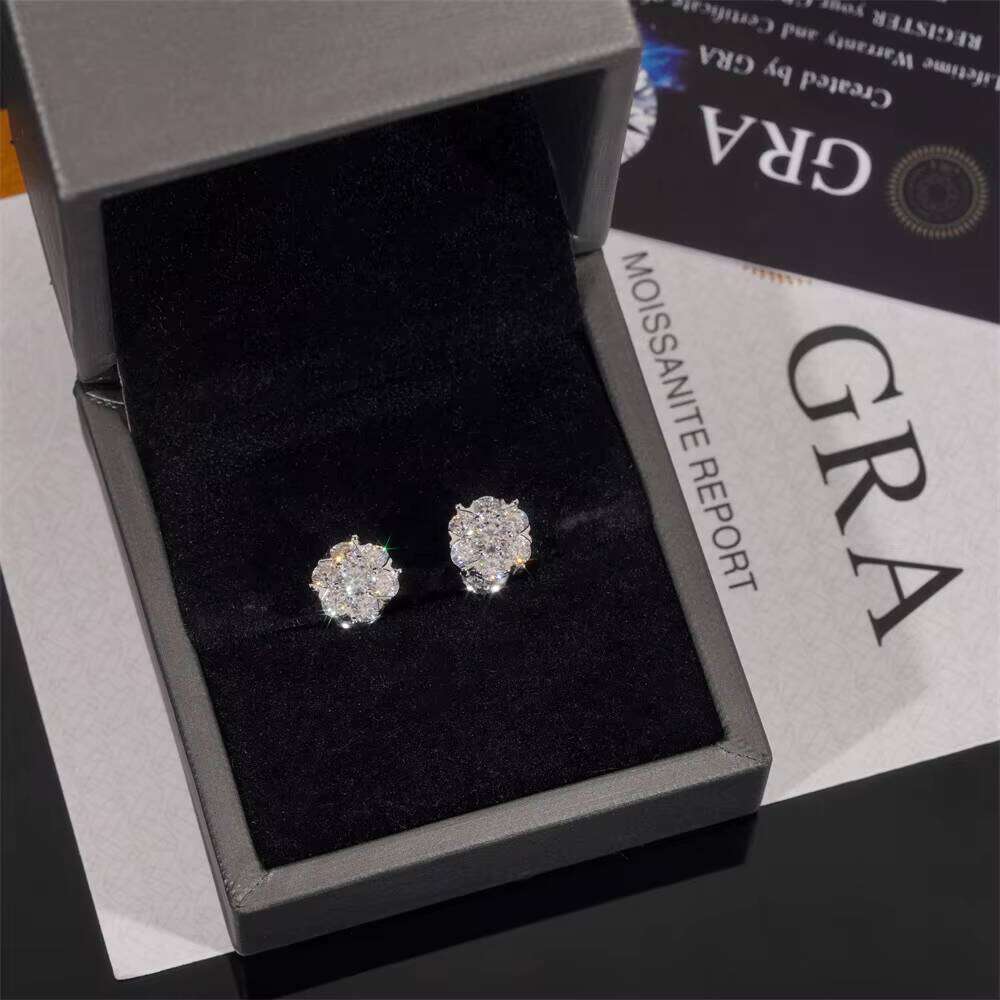 GRA Certified Pass Tester Hip Hop Jewelry Iced Out VVS Moissanite Cluster Stud Earrings