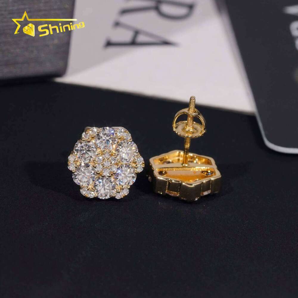 Fine Jewelry Big Luxury Cluster Flower Hip Hop 925 Sterling Silver Moissanite Stud Earrings