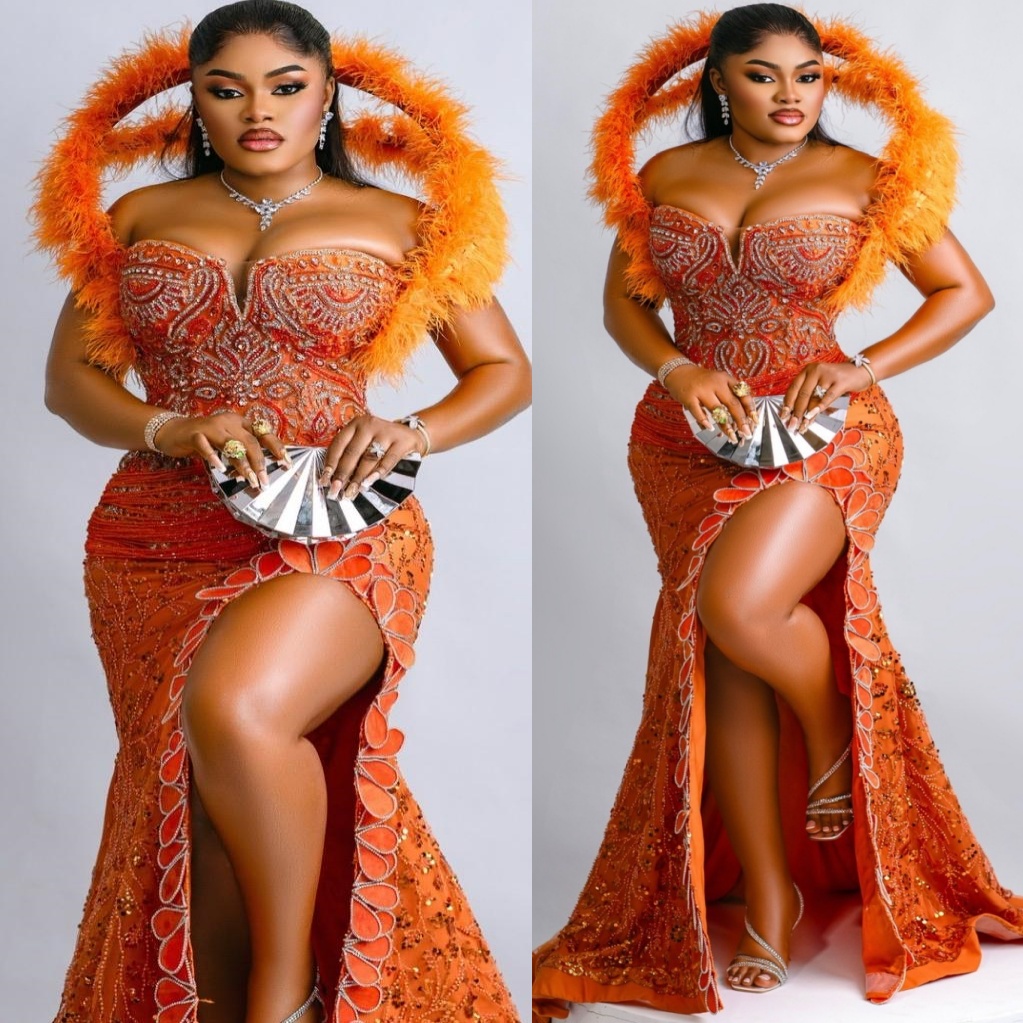 Aso Ebi Orange Mermaid Prom Dresses 2026 Crystals Beaded Feather Florals Evening Formal Party Second Birthday Engagement Gowns Dress For Special Occas