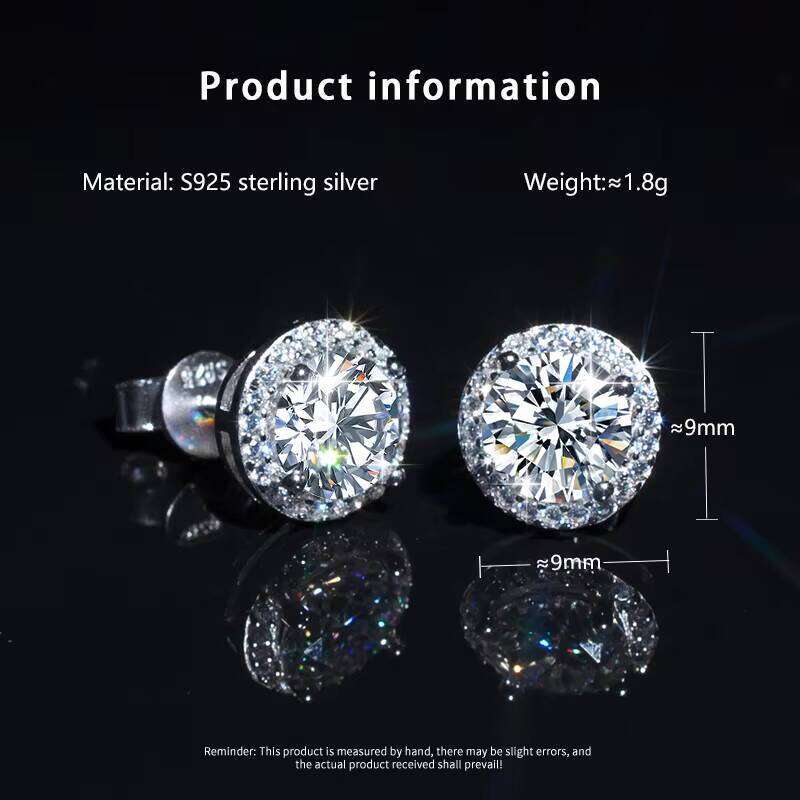 Luxury 925 Silver CZ Inlaid 1Carat VVS D Color Moissanite Round Earrings For Women And Men Jewelry