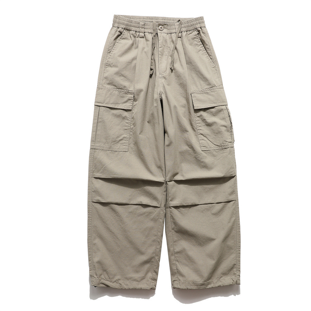 American Style Functional Cargo Casual Pants Men INS Street Fashion Solid Color Pleated Drawstring Jogger Loose Wide Leg Long Pants