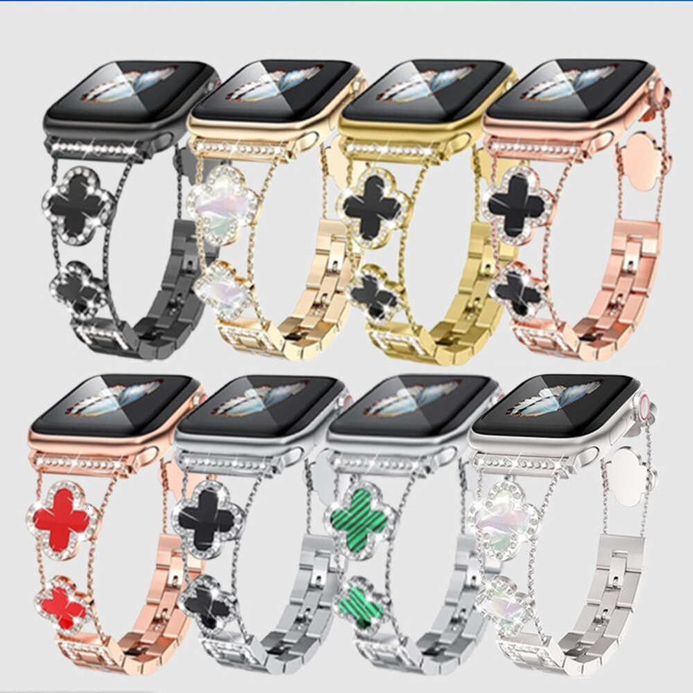 Clover Diamond-Encrusted Metal Watch Band Sparkly Bracelet Strap Compatible with Apple Watch Series 1-8 SE Ultra