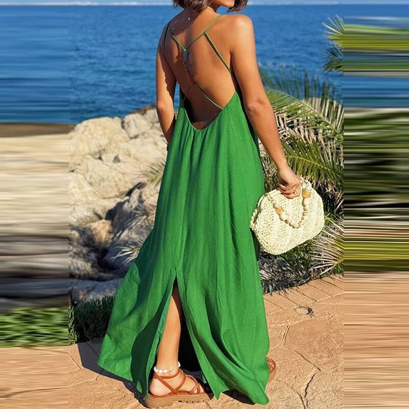 Stylish Leisure Backless Sleeveless Long Sling Dresses Summer Holiday Solid Color Beach Women Casual Simple Camisole Dress ddmythur
