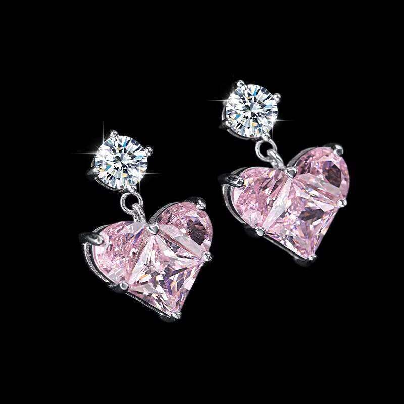 Trendy S925 Silver Inlaid 0.5Ct White Moissanite With Pink Heart Pendant Earrings For Women Birthday Wedding Gift