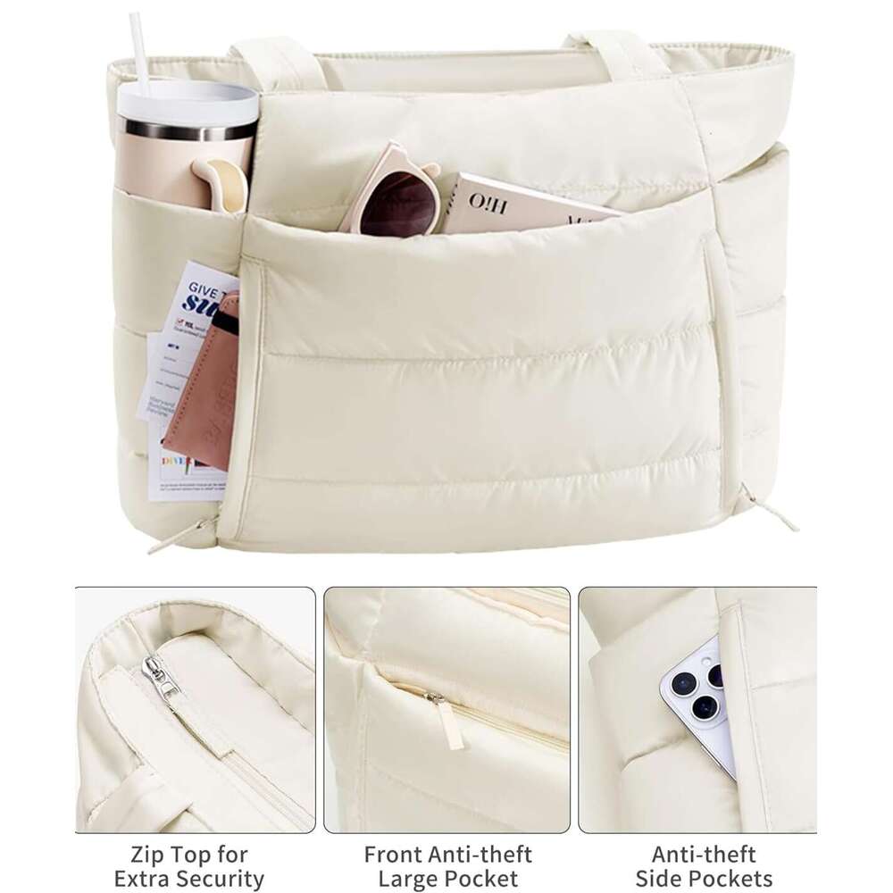 Puffer Tote Women Lightweight Puffy Work Handbag Teacher Nurse Quilted Shoulder School Travel Gym Cloud Bag W Zipper Daily College Bags Computer