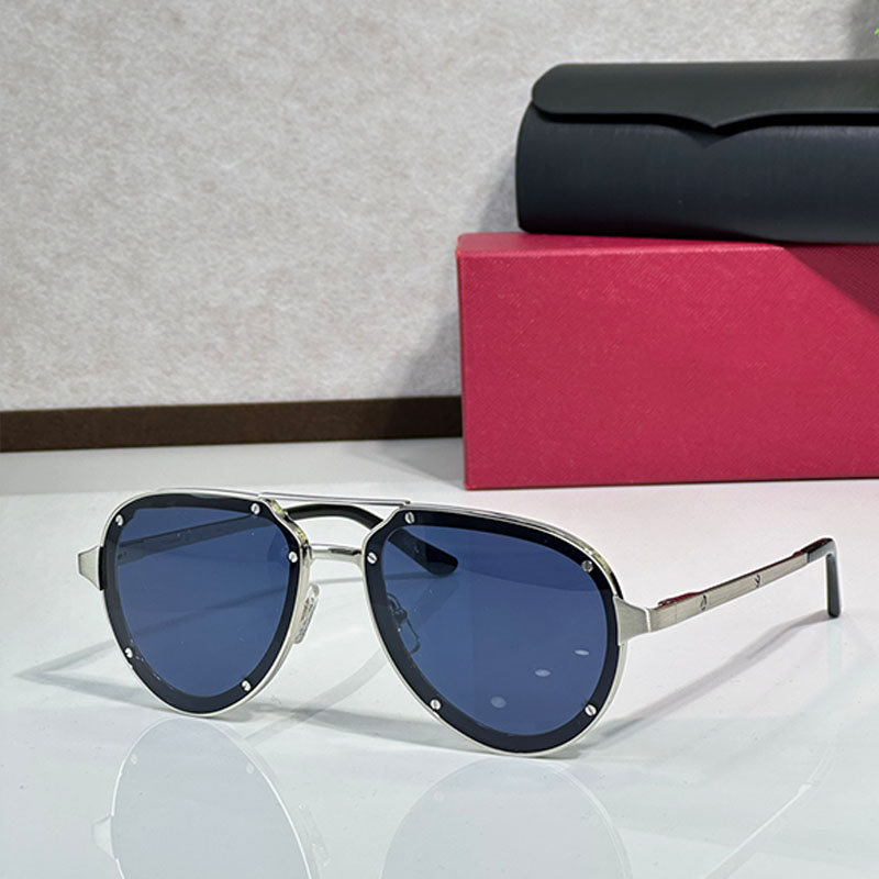 Mens Designer Santos de Sunglasses CT0195 Metal silvery elliptical frame blue lens polarized protection Fashionable minimalist pilot glasses size 55 17 145