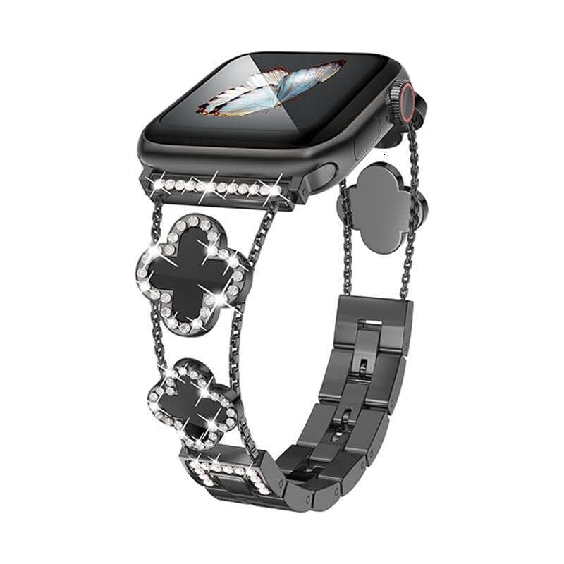 Clover Diamond-Encrusted Metal Watch Band Sparkly Bracelet Strap Compatible with Apple Watch Series 1-8 SE Ultra