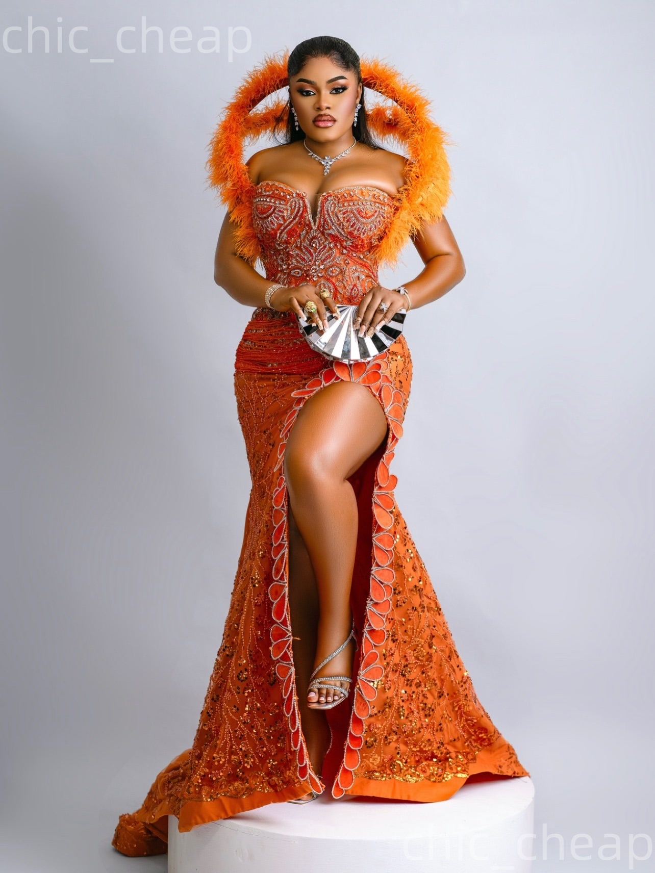 Aso Ebi Orange Mermaid Prom Dresses 2026 Crystals Beaded Feather Florals Evening Formal Party Second Birthday Engagement Gowns Dress For Special Occas