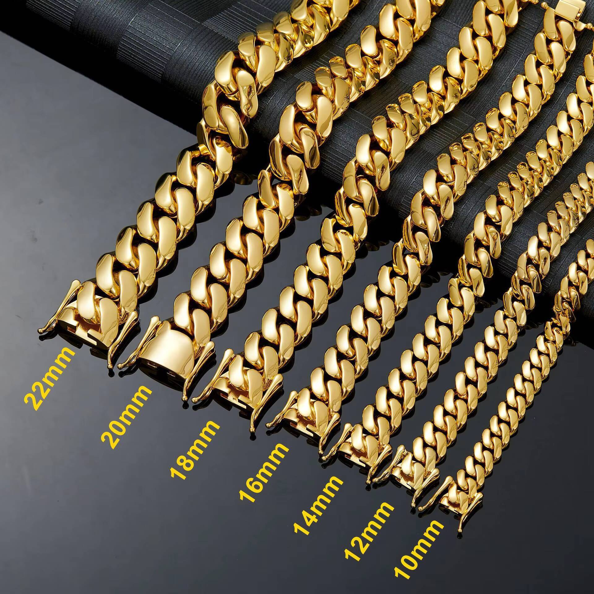 10MM-22MM Wholesale Mens Stainless Steel Miami Cuban Link Necklace Hiphop Chain Gold Plating Non-Tarnish Trendy for Men Women