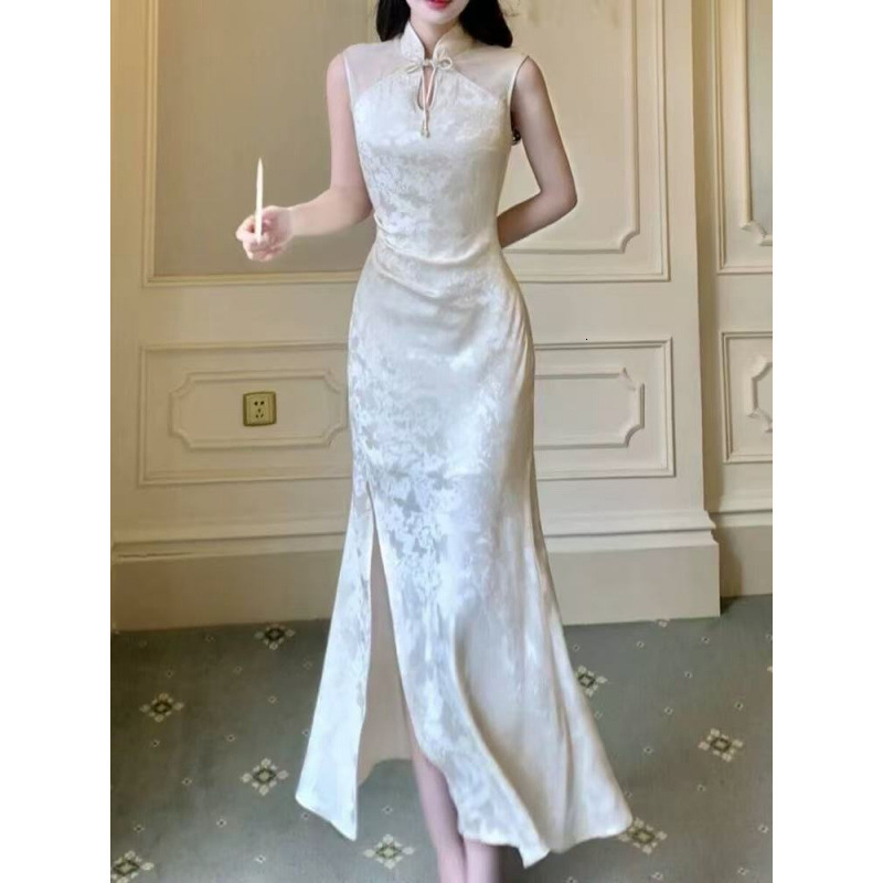 Designer's New Chinese Style Improved Cheongsam Acetate Satin Dress With Advanced Sensation And Queen's Style Split Long Dress For Summer 20