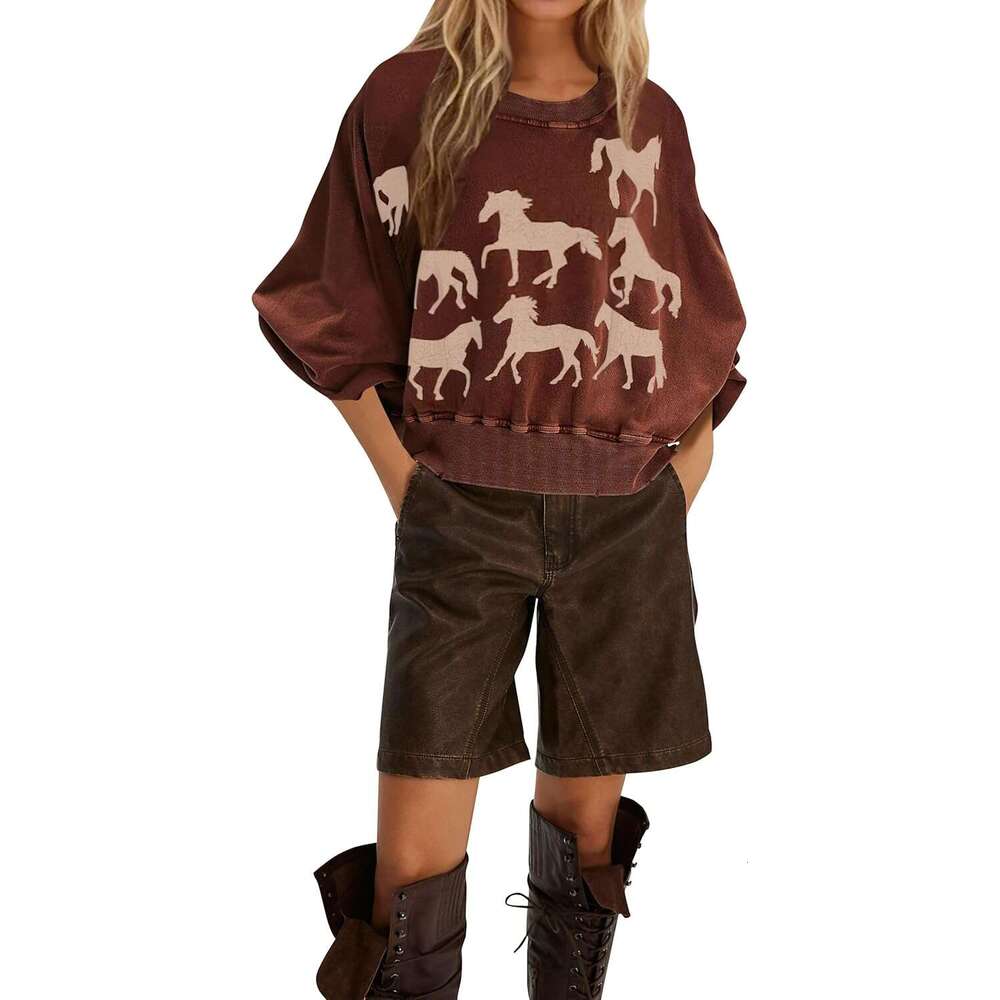 Women Cropped Sweatshirt Oversized Graphic Horse Print Crewneck Long Sleeve Pullover Casual Loose Fall Y2k Crop Tops - view 5