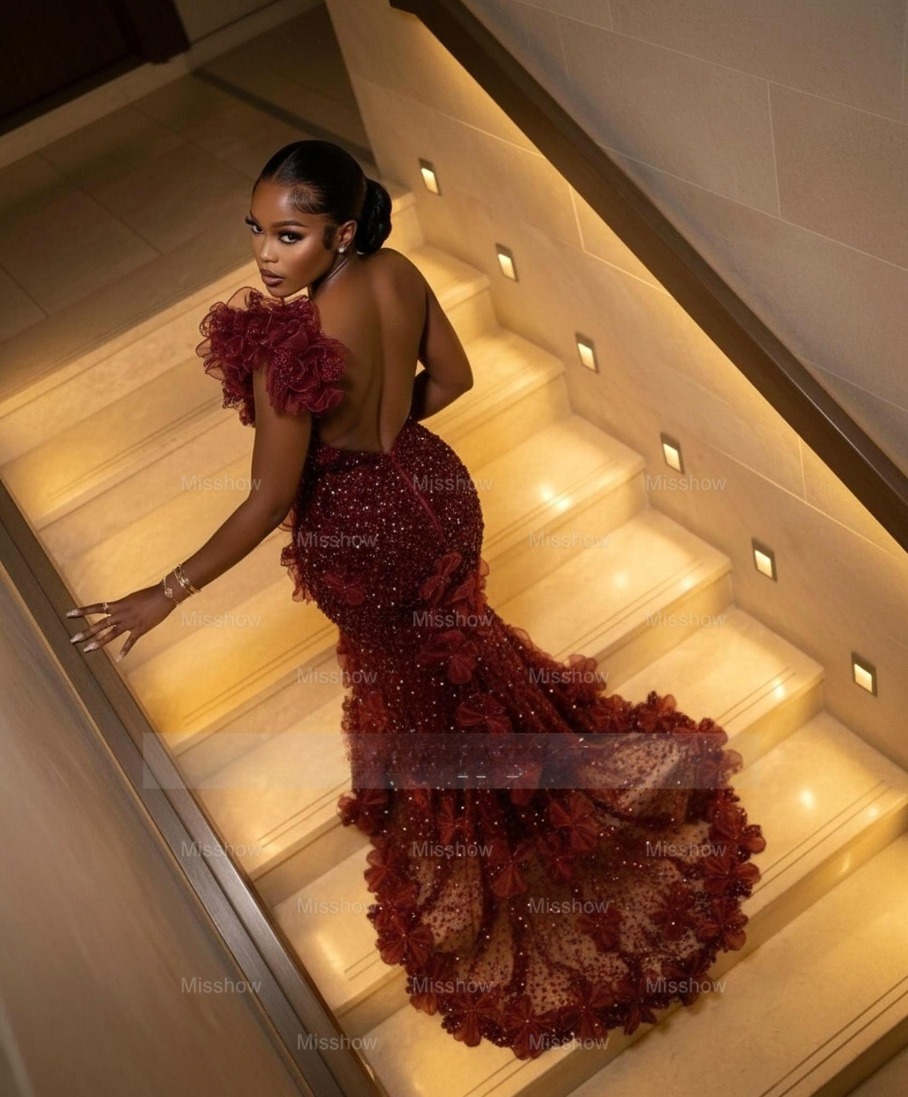 Glamrous Burgundy Prom Dresses For Black Girls 2026 Luxury One Shoulder Mermaid Sequins Beads Formal Evening Gala Dress Customized BC22049