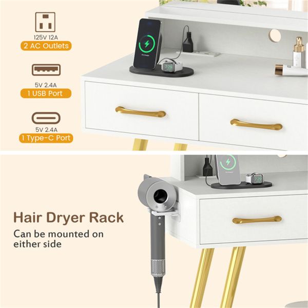 Elegant White Vanity Table - Large 27x20 Inch Mirrored Desktop w/ Built-in USB Charger & Stash Space