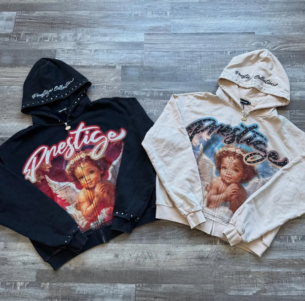 Men's Hoodies Sweatshirts Hoodie Little Angel Pattern Print Zipper Sweater Spring Winter Street Vintage Fashion Trendy Set Hip-hop Daily Outfit M
