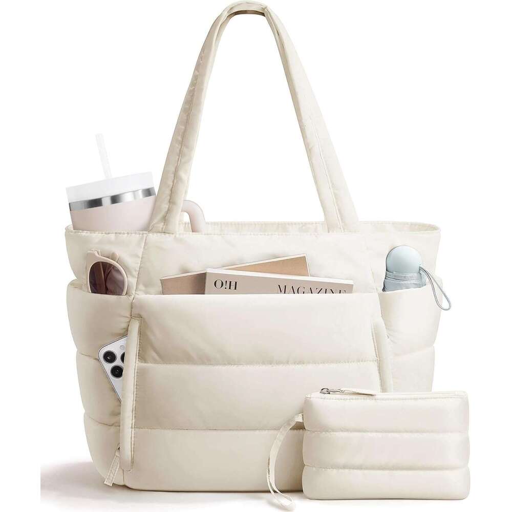 Puffer Tote Women Lightweight Puffy Work Handbag Teacher Nurse Quilted Shoulder School Travel Gym Cloud Bag W Zipper Daily College Bags Computer