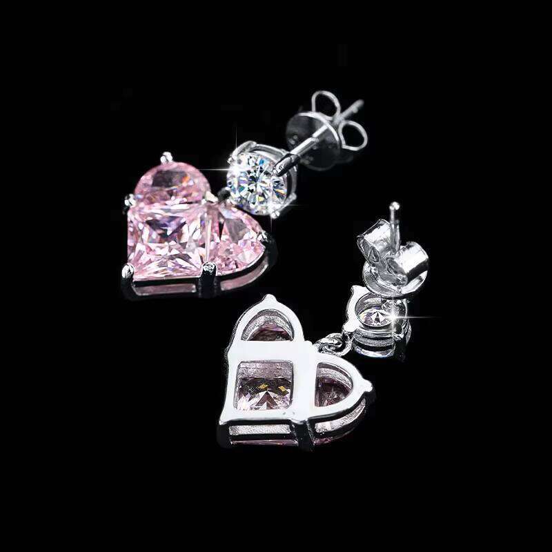 Trendy S925 Silver Inlaid 0.5Ct White Moissanite With Pink Heart Pendant Earrings For Women Birthday Wedding Gift