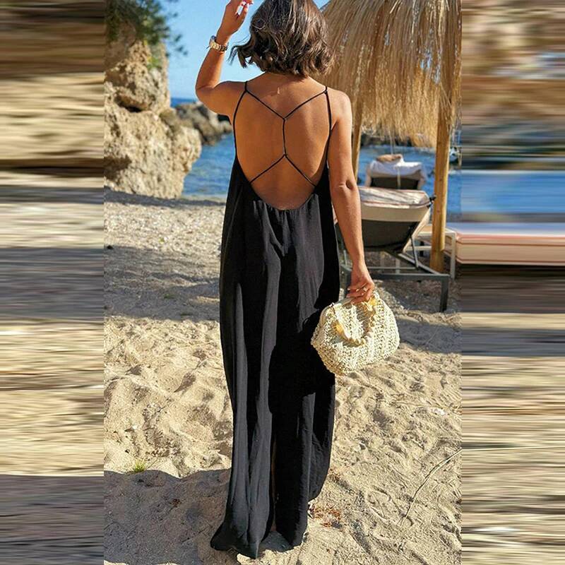 Stylish Leisure Backless Sleeveless Long Sling Dresses Summer Holiday Solid Color Beach Women Casual Simple Camisole Dress ddmythur