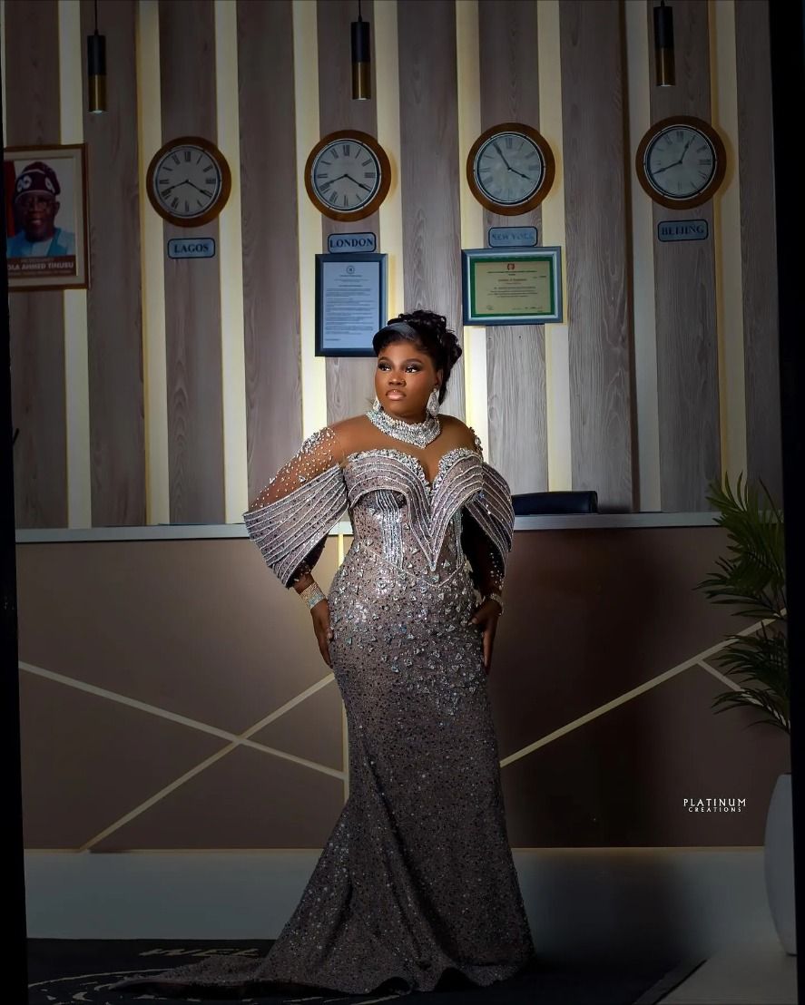 Plus Size Aso Ebi Prom Evening Formal For Women Mermaid High Neck Long Sleeves Rhinestones Crystals Birthday Dress Reception Gowns F03