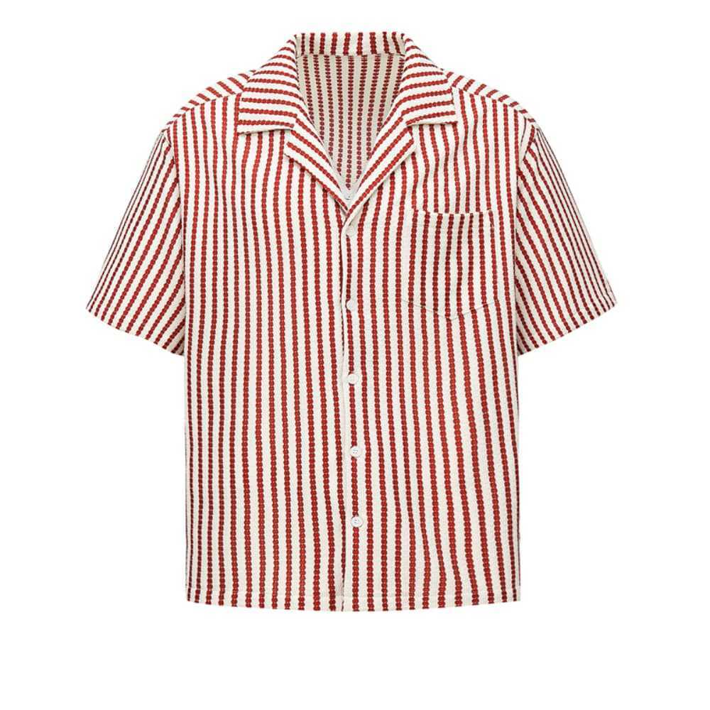 Vertical Striped Casual Shirt Summer Mens Trendy Loose Cuban Collar Short Sleeve Top Turn-down Collar Shirt
