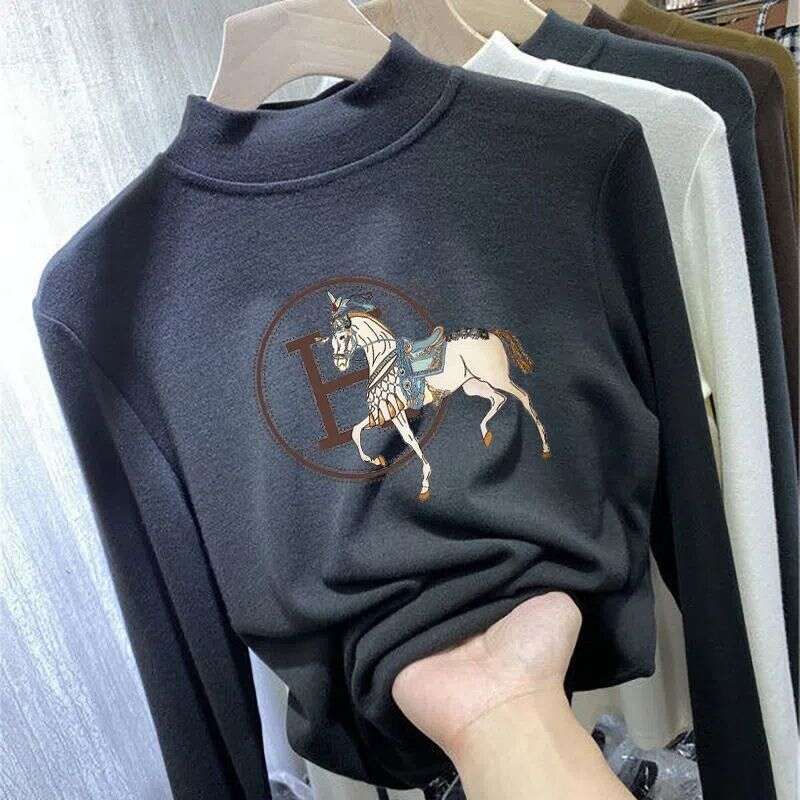 Double-Sided Thermal Half-Turtleneck Base Shirt For Women, Autumn And Winter New Thickened Warm Long-Sleeve Brushed T-Shirt Inner Wear Top