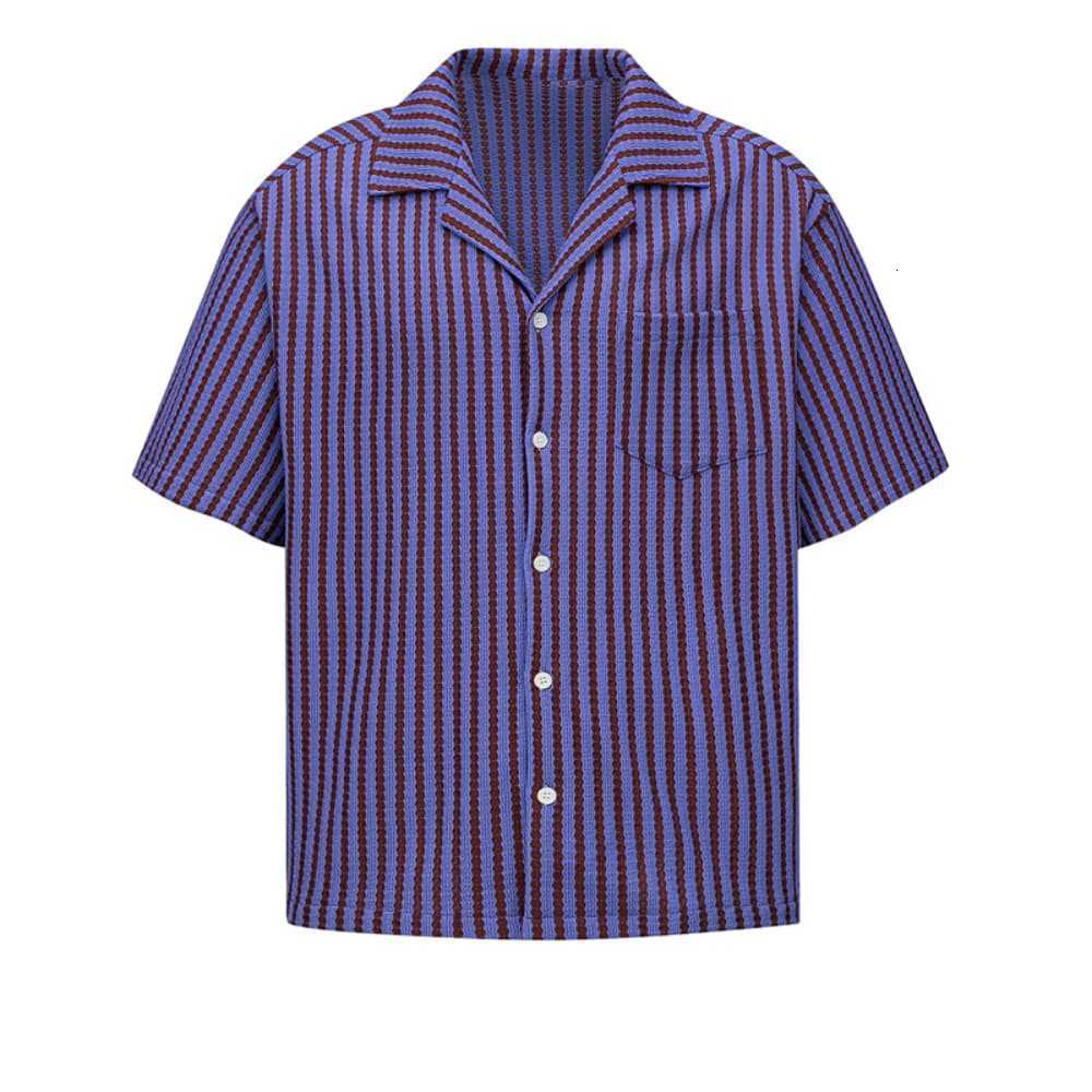 Vertical Striped Casual Shirt Summer Mens Trendy Loose Cuban Collar Short Sleeve Top Turn-down Collar Shirt