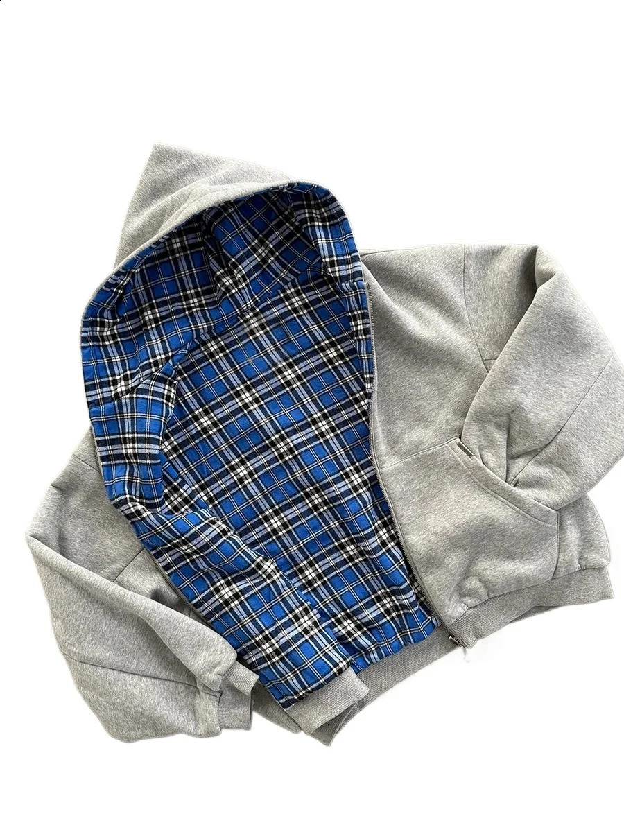 Korea DoubleSided Plaid Loose Zipper Hoodie Men Women Y2K Harajuku HipHop Gothic Couple Casual Joker Sweatshirt Street Wear 260126