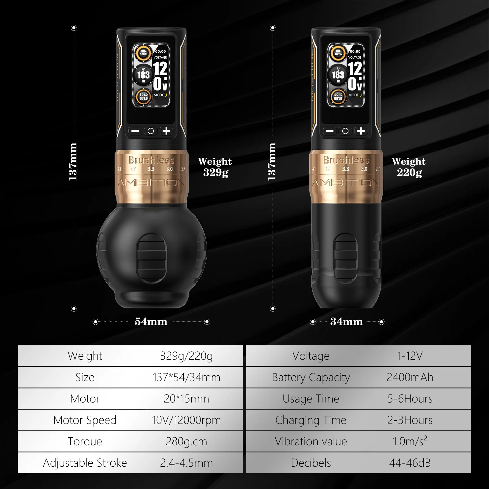 Ambition Ninja Max 280 Wireless Tattoo Machine 24mm-45mm Adjustable Stroke 54mm34mm Grip Brushless Motor 2400mAh Battery Pen 260203